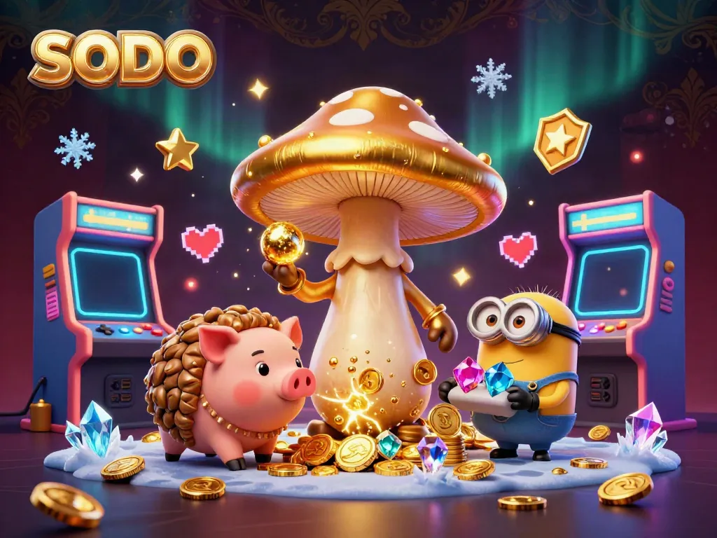 SODO casino scene with a golden mushroom wizard and treasure-finding pig amidst arcade machines