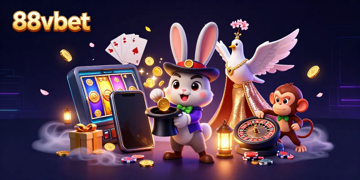 Experience the magic of winning with 88vbet in this vibrant casino-themed illustration.
