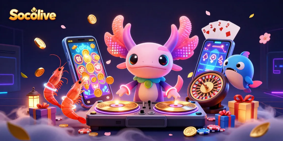 Socolive showcases a vibrant scene with a neon-colored DJ axolotl and animated casino elements.