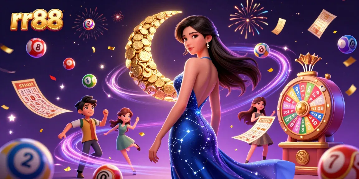 Experience thrilling gameplay at rr88 with vibrant lottery elements and an elegant character in a magical casino setting.