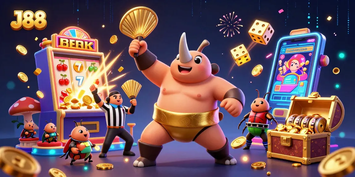 Engage with J88's thrilling slot experience featuring a victorious beetle champion and vibrant game elements.