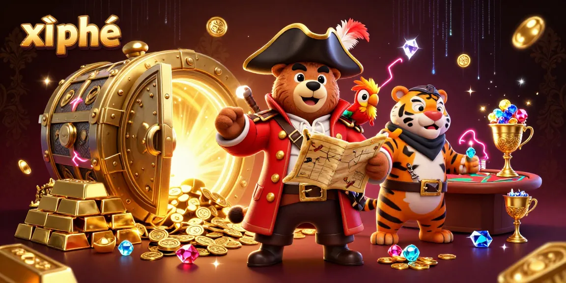 Engage with xì phé at a colorful casino scene featuring a pirate bear and tiger with poker elements.