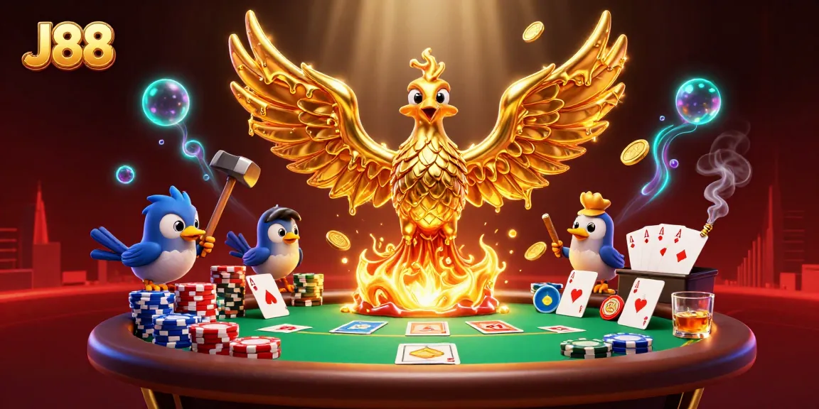 J88 phoenix wins high-stakes poker with golden coins and vibrant casino elements.