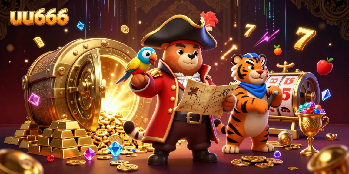Experience the thrilling action at uu666 with vibrant cartoon characters celebrating casino victories amidst sparkling treasures.