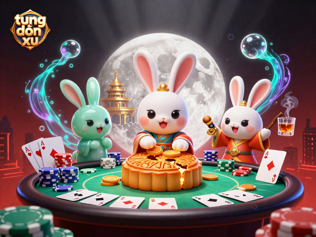Tung đồng xu game illustration with playing elements and lunar details for online gambling.