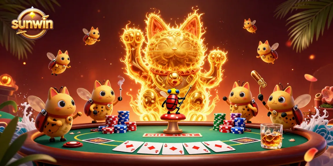 Experience thrilling action with sunwin in a vibrant casino scene featuring a lucky cat and poker elements.