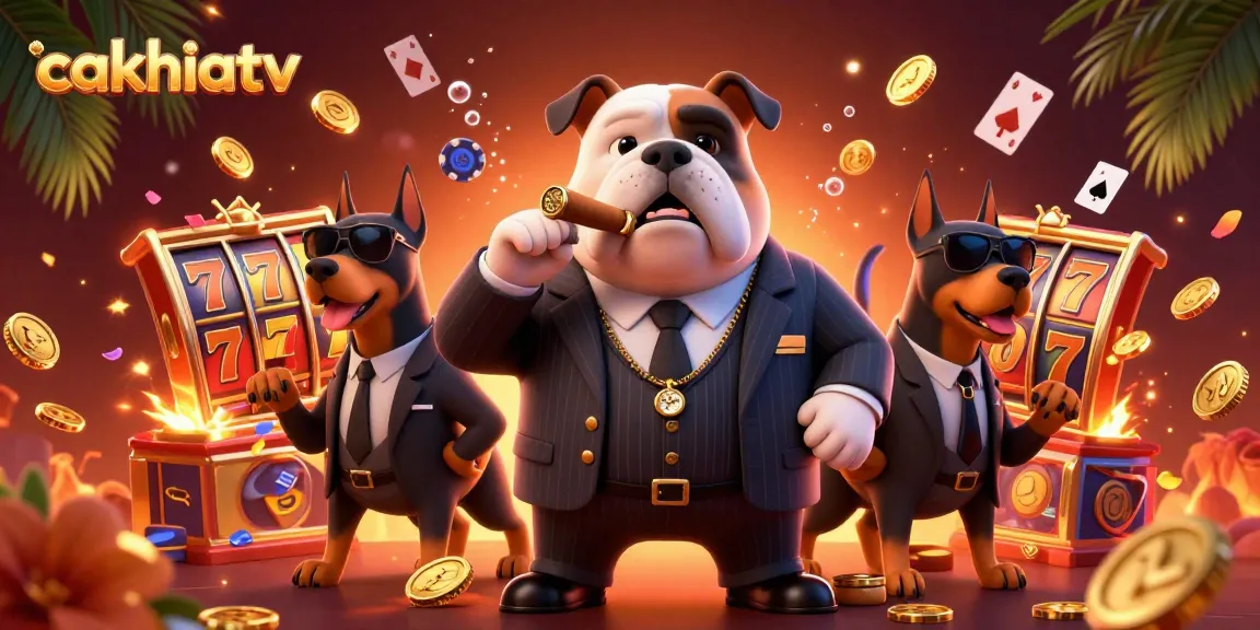 CakhiaTV brings excitement with a mafia bulldog in a casino scene filled with winning slots and vibrant chips.