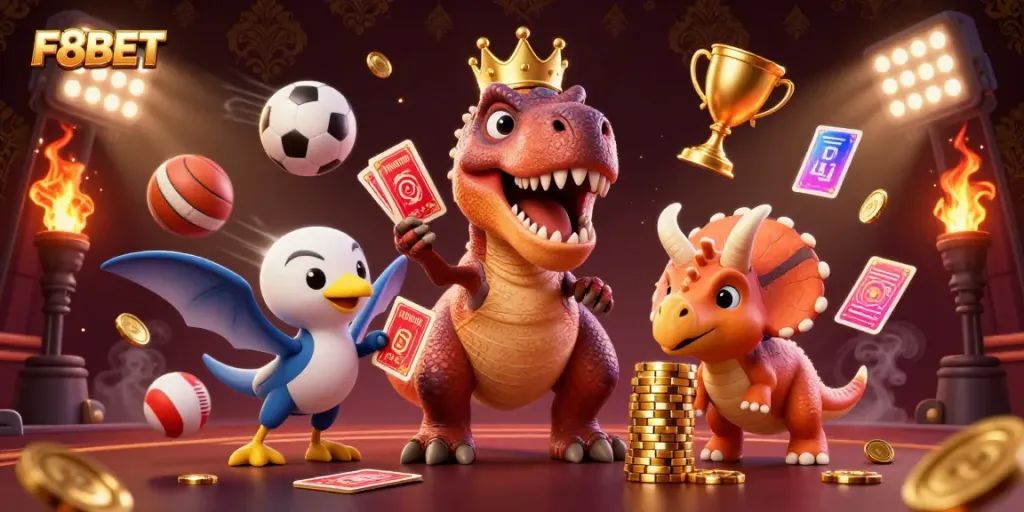 F8BET T-Rex and friends shuffle cards and stack chips in a vibrant casino scene.