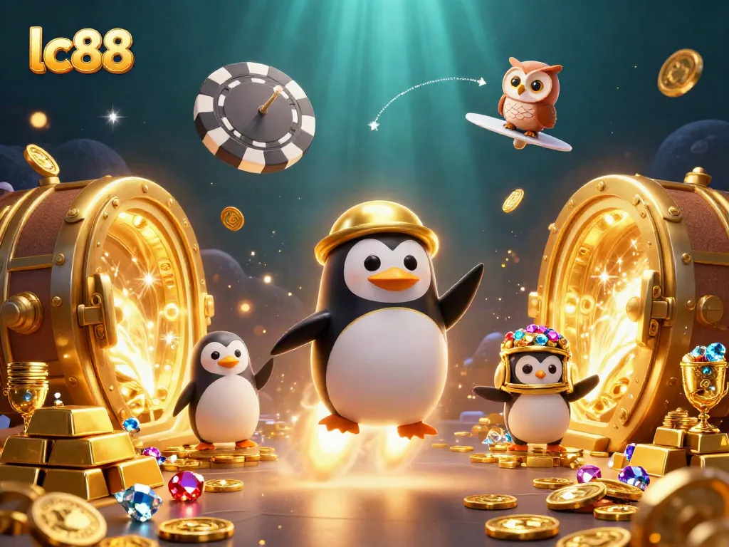 Experience thrilling gameplay with lc88, as a golden penguin soars through a vibrant casino galaxy.