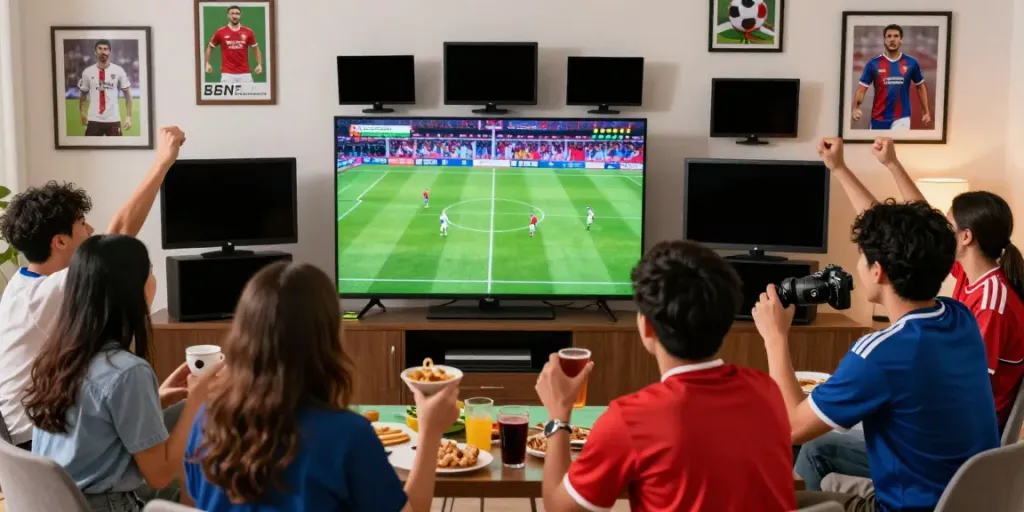 Xoilactv fans enjoying a lively football viewing party, cheering for their teams.