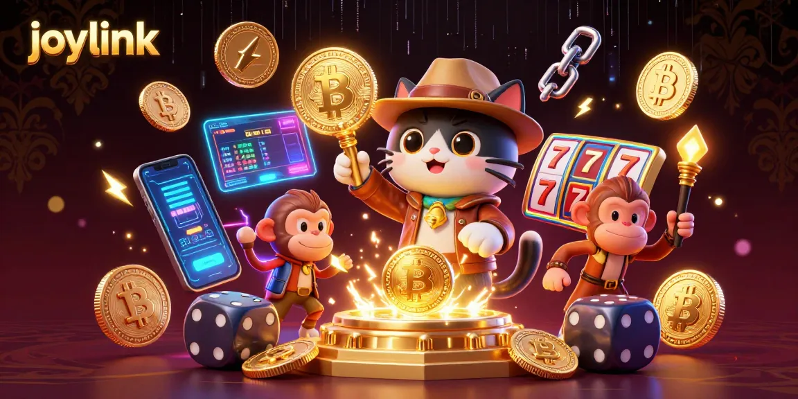 Engage with joylink's casino experience, featuring a cat explorer and monkey companion amidst dynamic gaming elements.