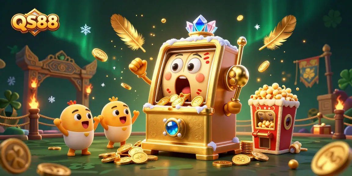 QS88 celebrates a jackpot win with a golden slot machine and cheering companions in a vibrant casino scene.
