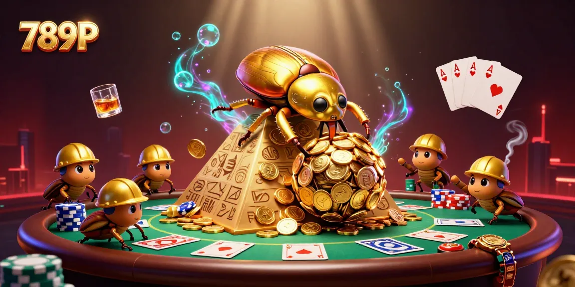 Experience exciting gaming at 789P with a cartoon beetle rolling golden coins in a casino-themed scene.