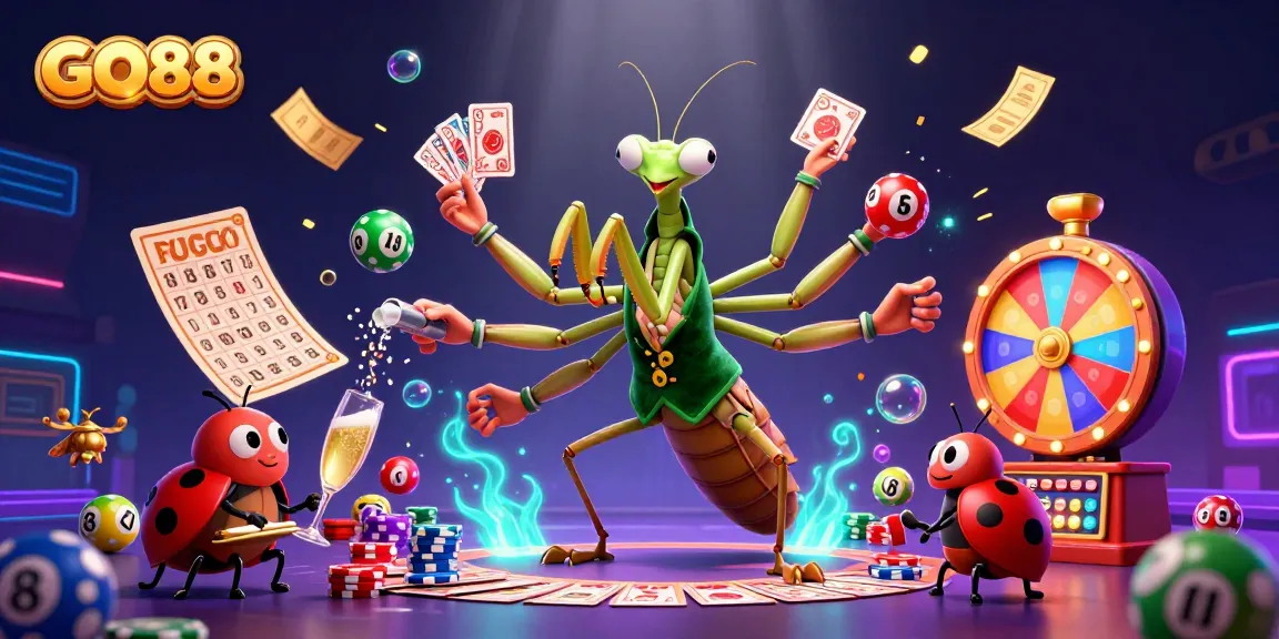 GO88's giant praying mantis dealer showcases vibrant casino elements in dynamic 3D illustration.