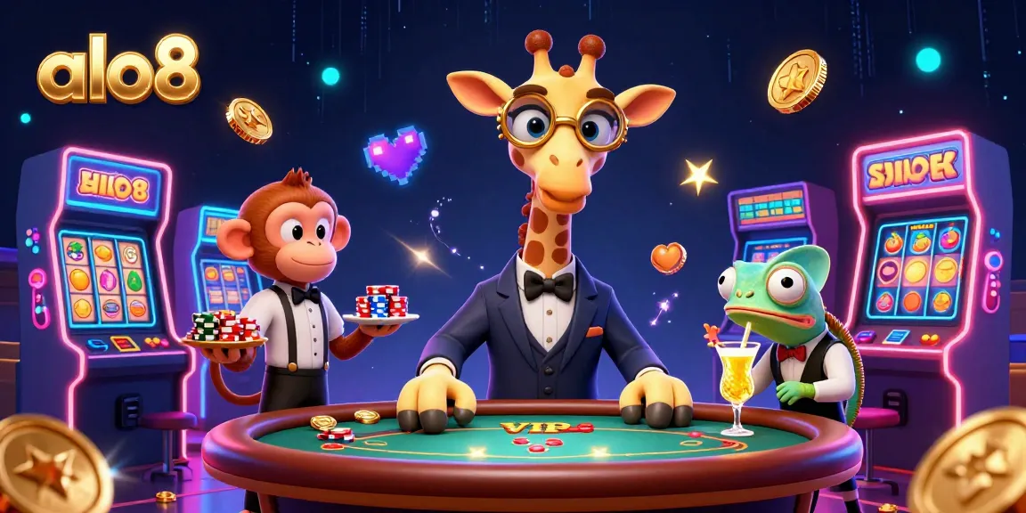 Bet on big wins with the vibrant alo8 casino scene featuring giraffe, monkey, and chameleon characters.