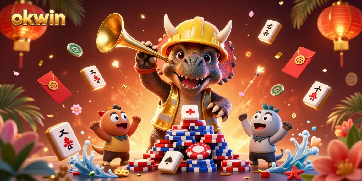 Experience exciting gameplay action with okwin as a cartoon triceratops builds poker chip pyramids.