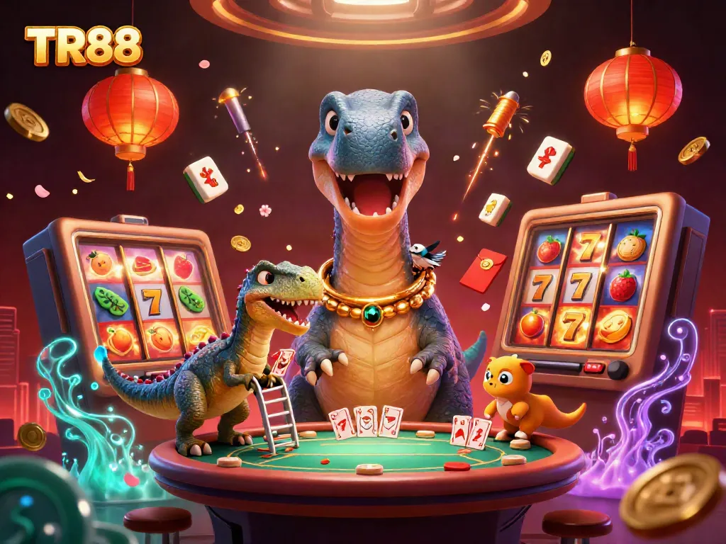 Win big at TR88 with a dynamic casino scene featuring vibrant slot reels and playful characters.