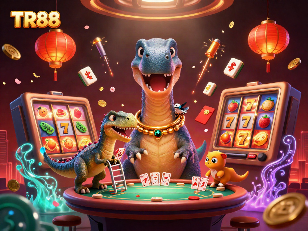 Win big at TR88 with a dynamic casino scene featuring vibrant slot reels and playful characters.