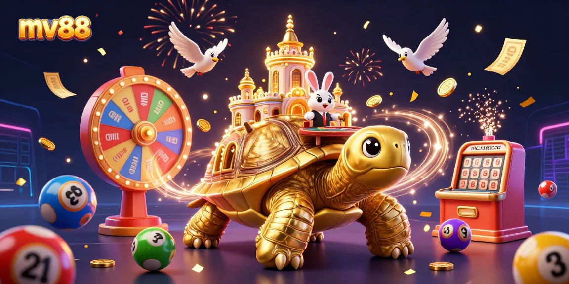 Join the excitement at mv88, featuring a golden tortoise casino and vibrant celebration elements!