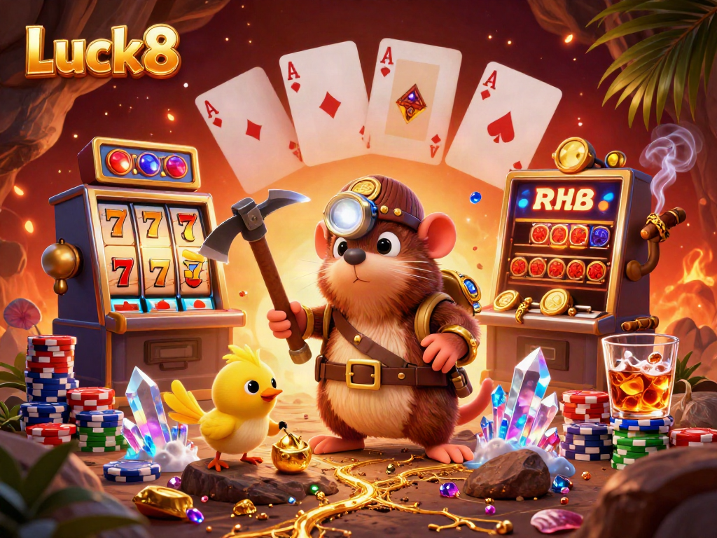 Luck8 showcases an exciting treasure hunting scene with a mole and canary amid casino elements like slot machines and poker chips.