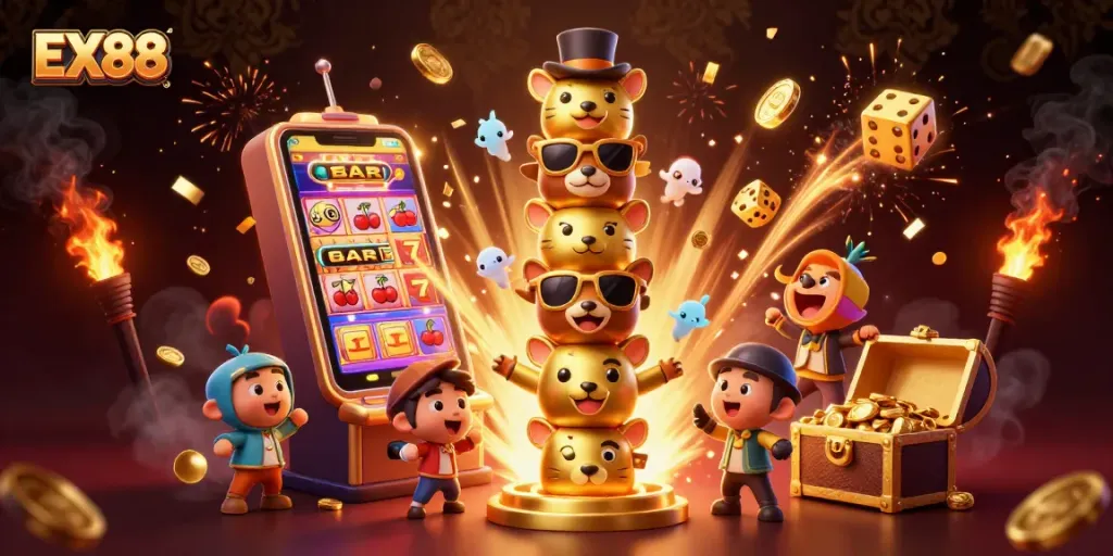 Spin the reels of EX88 as the golden totem celebrates winning moments with festive casino symbols.
