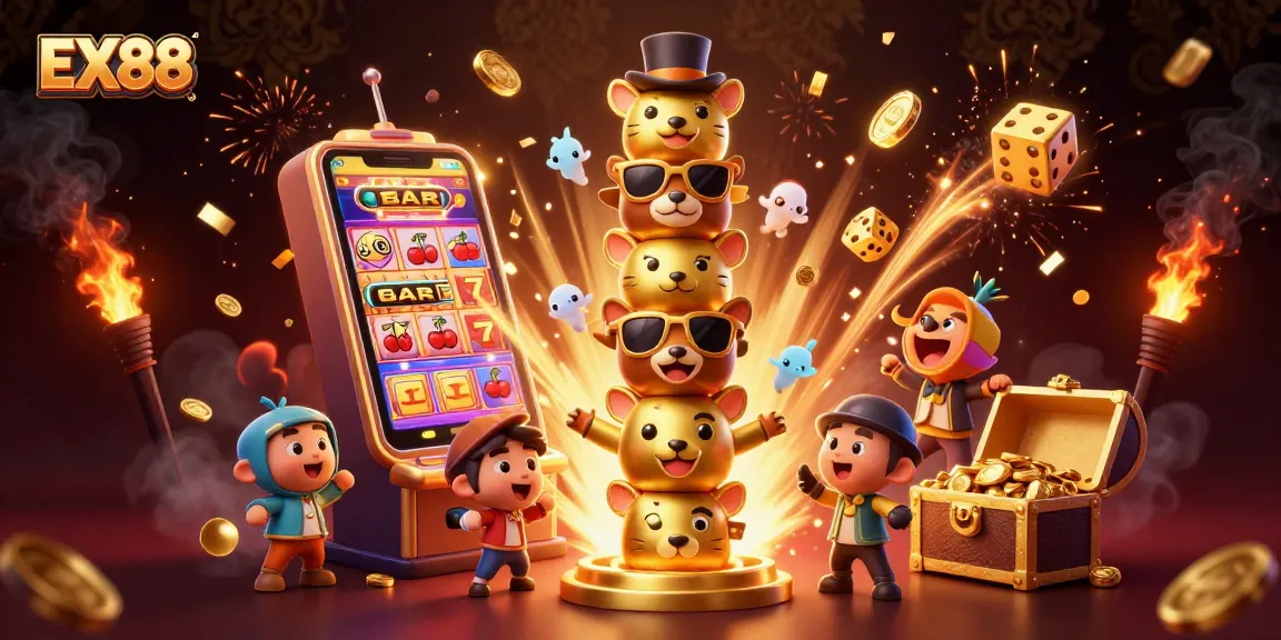 Spin the reels of EX88 as the golden totem celebrates winning moments with festive casino symbols.