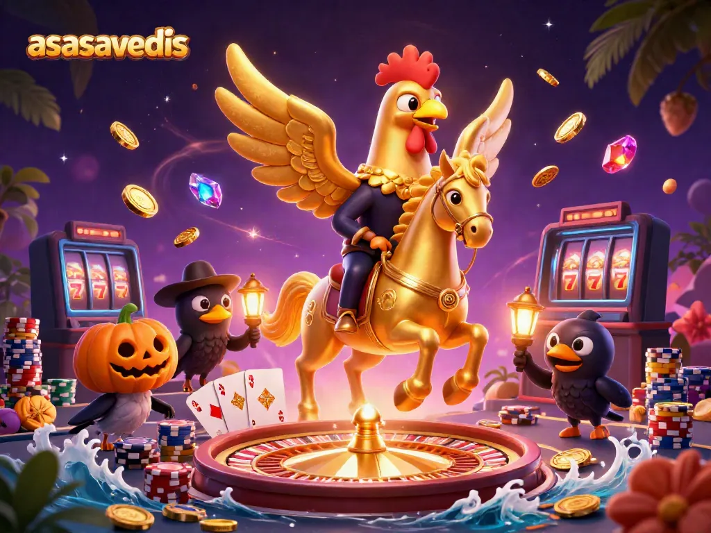 Experience thrilling wins at asasavedis with vibrant scenes of golden rooster and treasure-rich casino atmosphere.