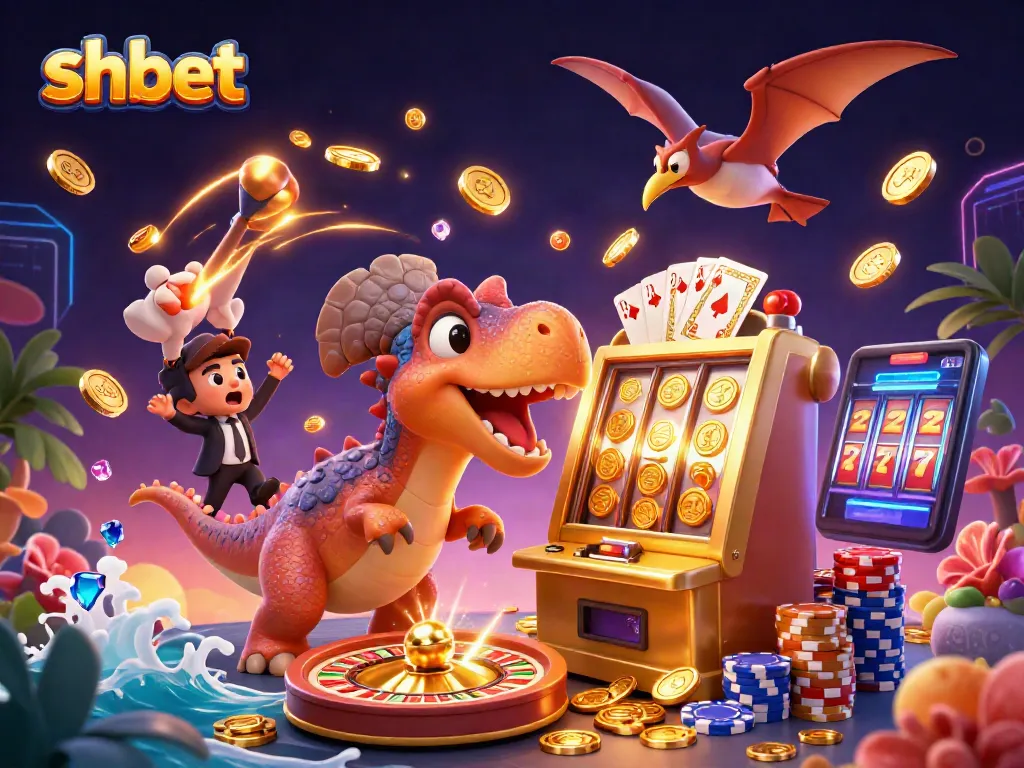 Experience shbet excitement as cartoon dinosaurs play slots amidst flying coins and vibrant casino elements.
