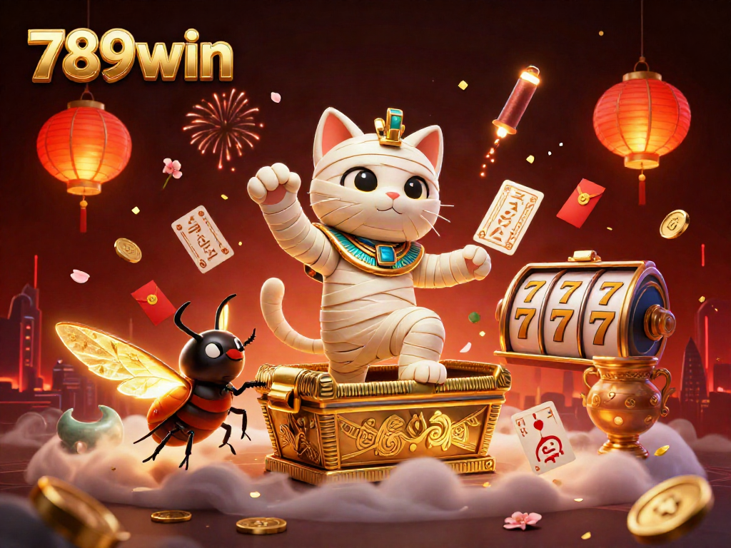 Feel the excitement of 789win with a dynamic scene of a mummy cat and its golden scarab companion amidst thrilling casino elements.