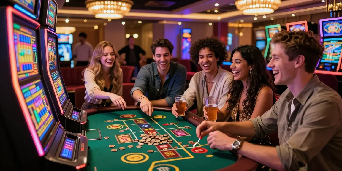 Friends celebrating their winnings at a vibrant slot poker machine in a lively casino.