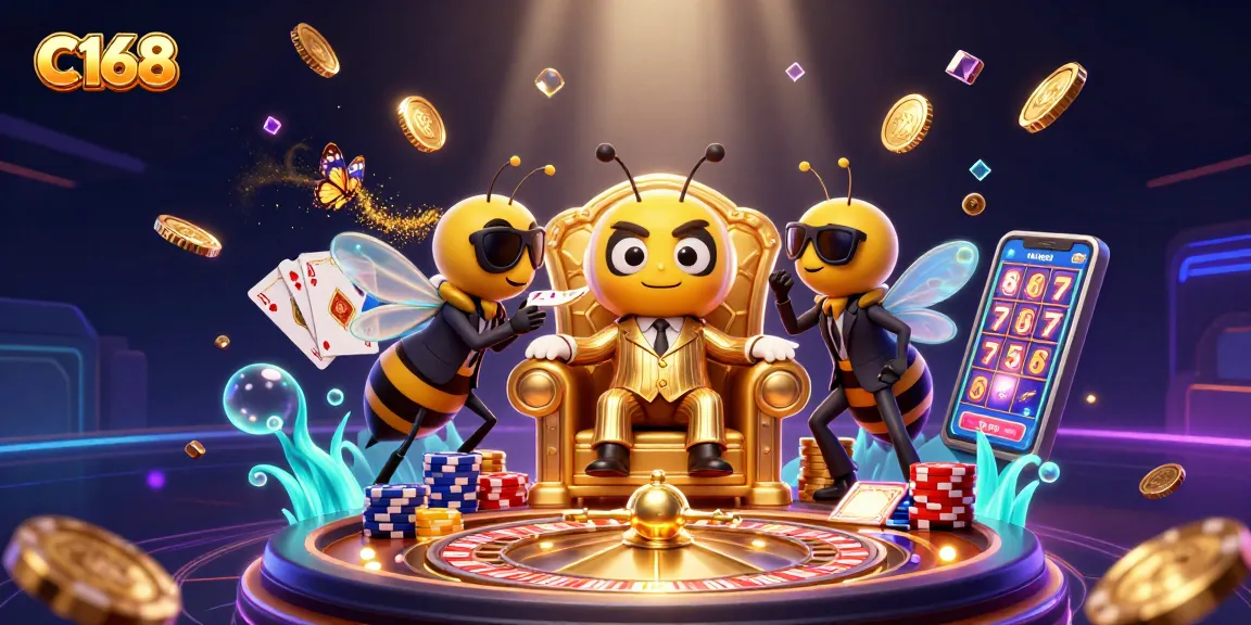 Experience excitement at C168 with vibrant 3D characters amidst spinning roulette and cascading coins.