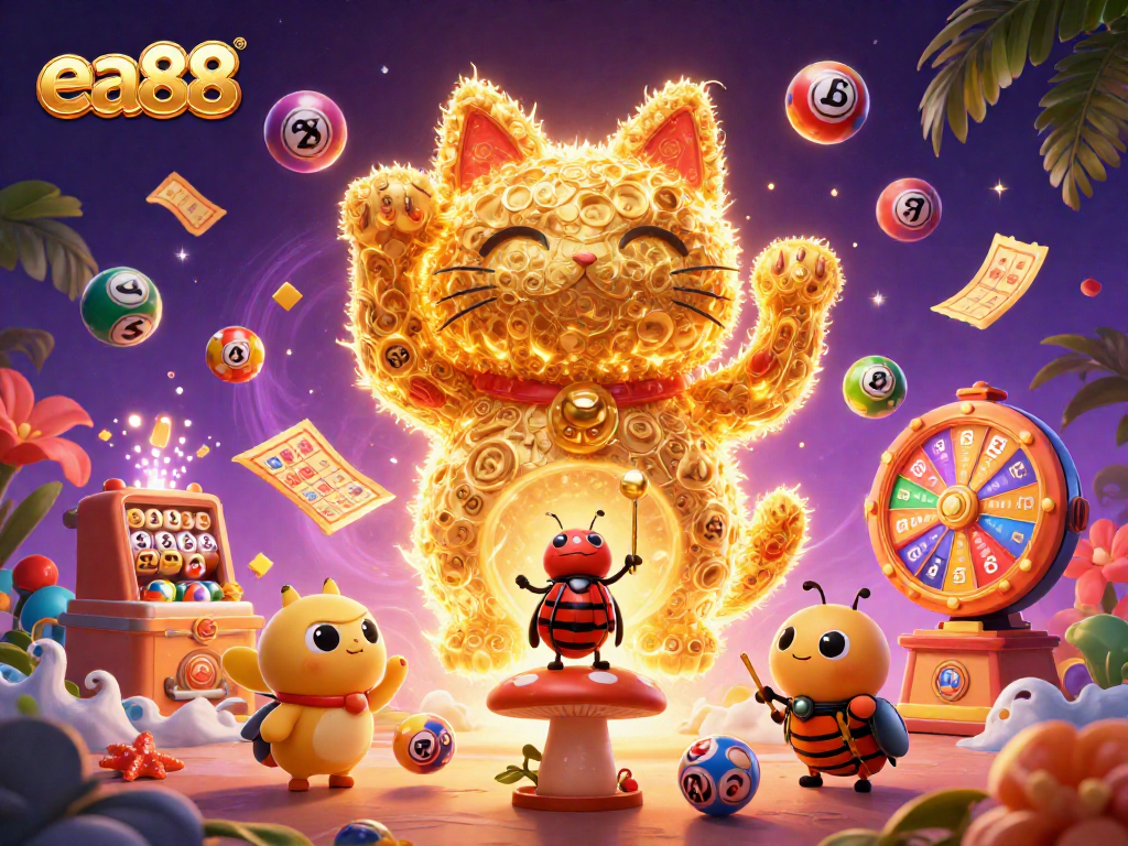 Experience the thrill of ea88 with golden fireflies and dynamic casino symbols in a vibrant 3D scene.