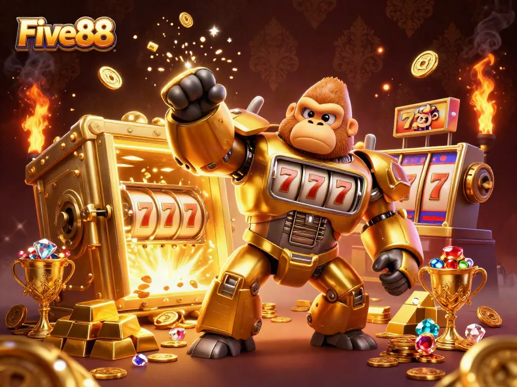 Engaging scene displaying Five88's thrilling golden gorilla mech and slot machine elements, bursting with coins and gems.