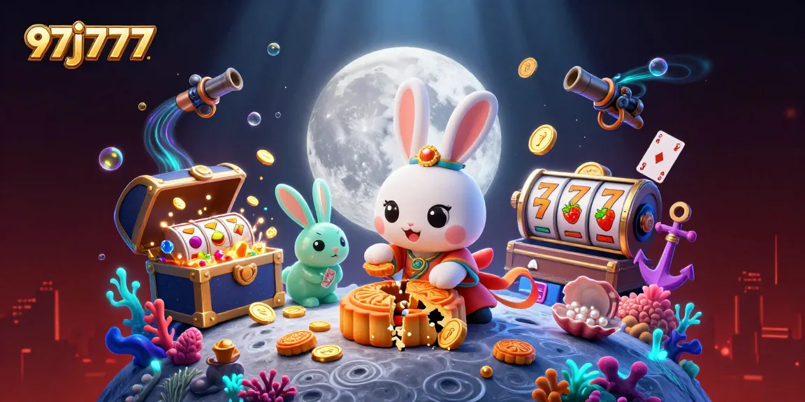Engage with the exciting world of 97j777 as the moon rabbit celebrates with golden mooncakes revealing poker chips.
