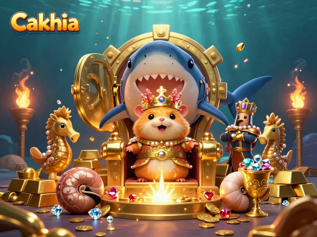 Cakhia showcases a golden hamster king on a megalodon throne amidst treasures, capturing the thrill of online gambling.