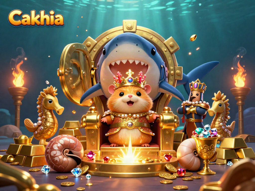 Cakhia showcases a golden hamster king on a megalodon throne amidst treasures, capturing the thrill of online gambling.
