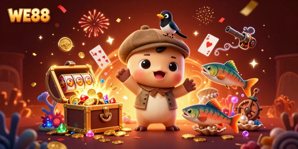WE88 showcases vibrant excitement with a cartoon Nessie and gold-obsessed magpie amid casino elements.