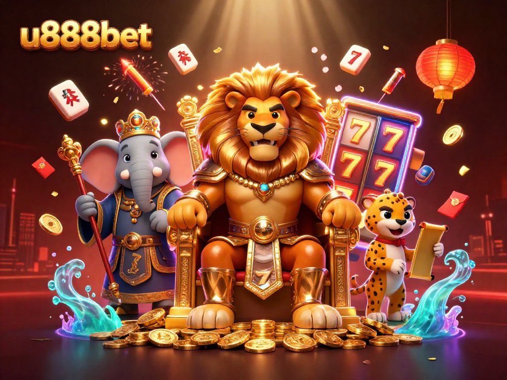 Experience thrilling slots action with u888bet's vibrant casino scene featuring a royal lion king.