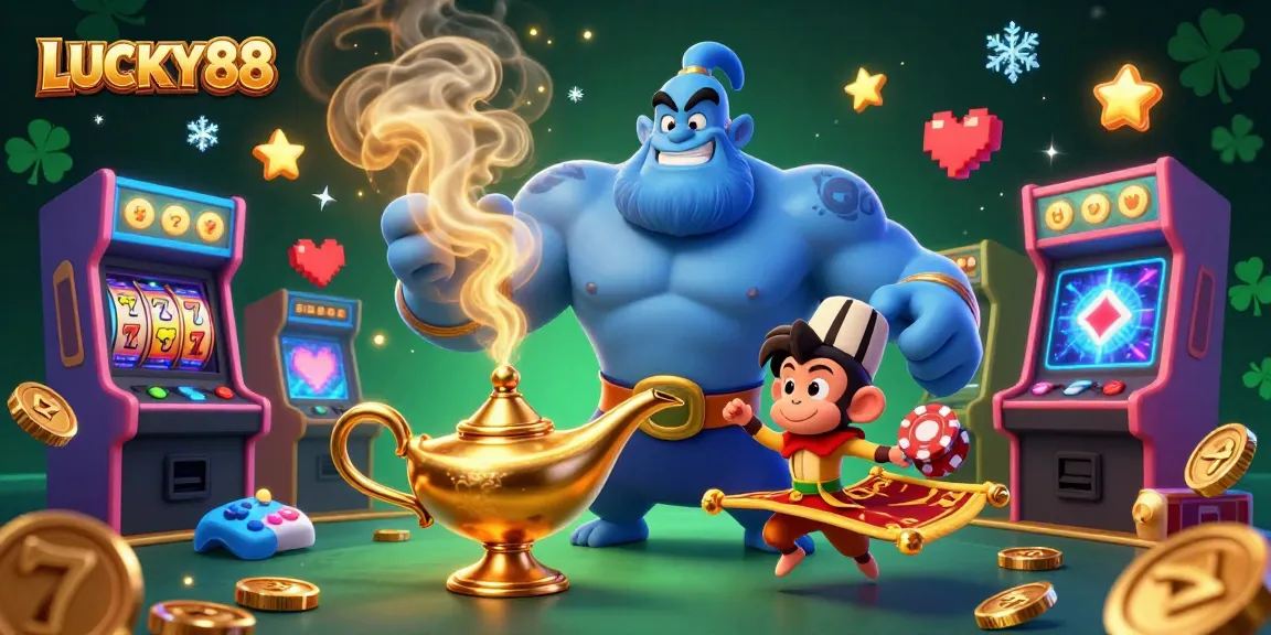 Experience thrilling gameplay at LUCKY88 with engaging slot games and a dynamic 3D illustration of a genie, monkey, and poker chips.