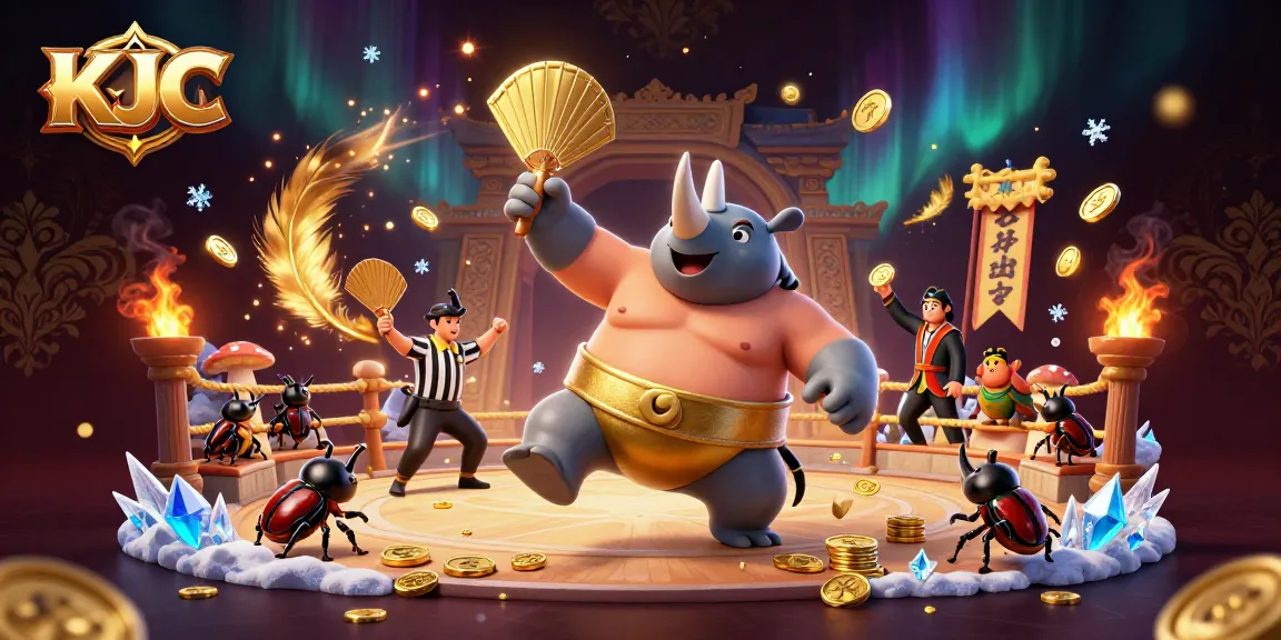 KJC enhances the gaming experience with a thrilling 3D cartoon scene featuring a sumo champion and golden elements.