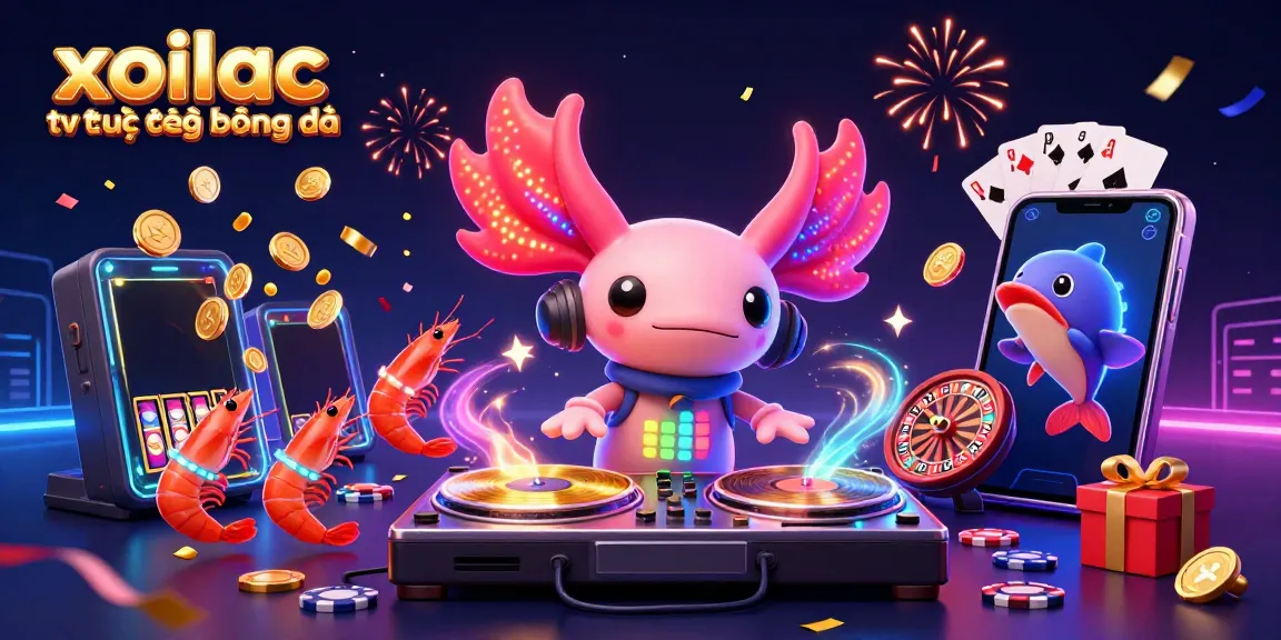 Watch xoilac tv trực tiếp bóng đá with vibrant energy featuring a neon axolotl DJ, shrimp dancers, and more!