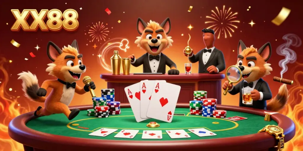 Hyenas entertain in a vibrant comedy casino scene showcasing the energetic atmosphere of XX88.