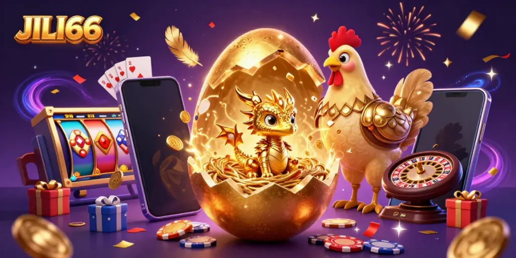 JILI66 players enjoying golden egg rewards with poker chips and dynamic gaming elements
