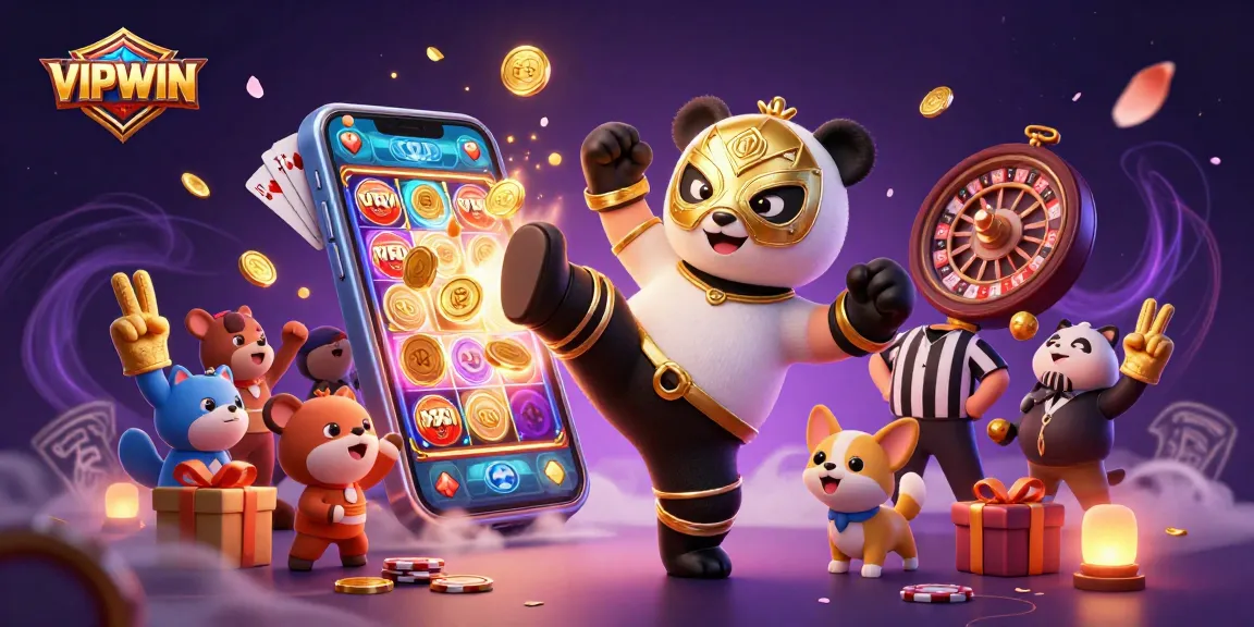 VIPWIN showcases a thrilling online casino experience with a panda wrestler and vibrant game elements.