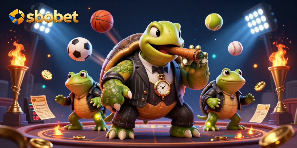 Sbobet betting scene with a cartoon turtle mobster and dynamic sports elements