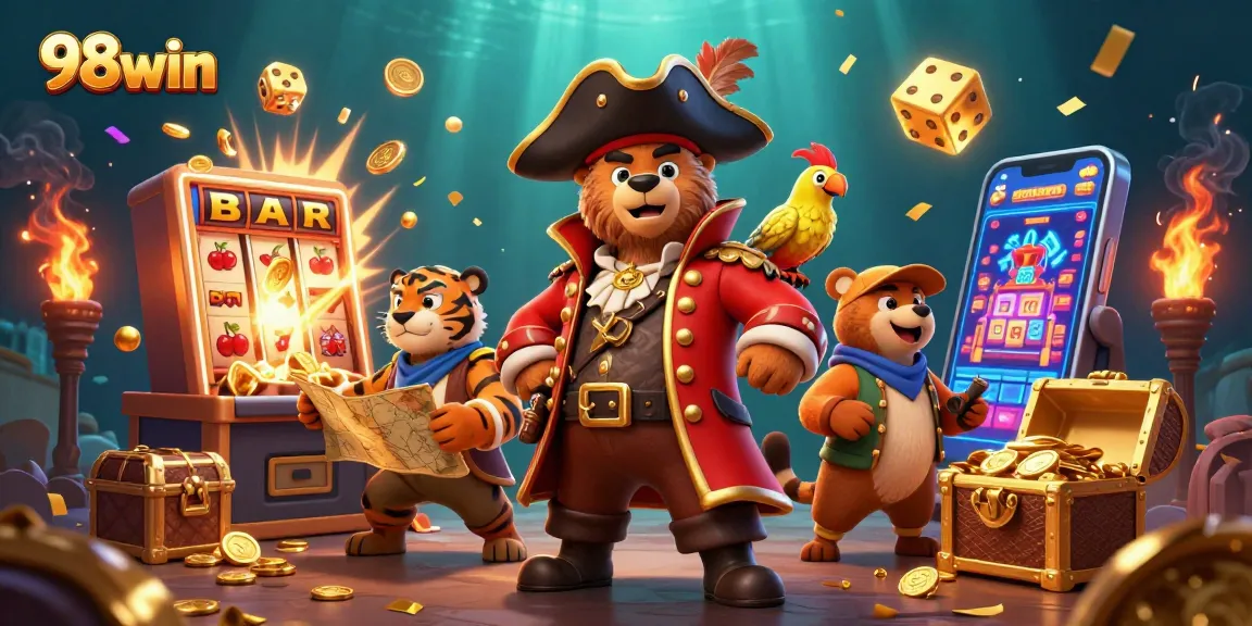 Experience thrilling slot games at 98win with vibrant characters celebrating big wins amidst golden treasures.