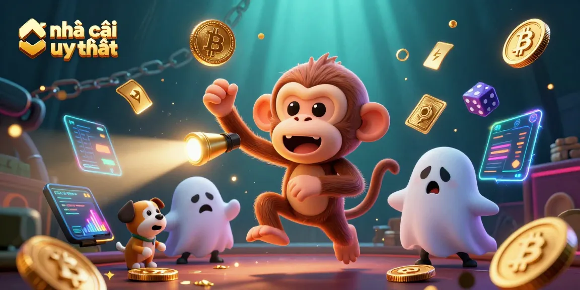 Experience the thrill of nhà cái uy tín with a playful poltergeist monkey and ghost-hunter puppy in a lively casino setting.