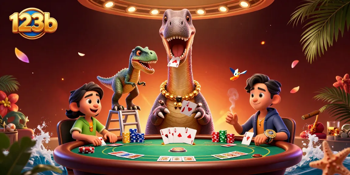 Engage in exciting poker action with a giant 123b brontosaurus in a vibrant casino.
