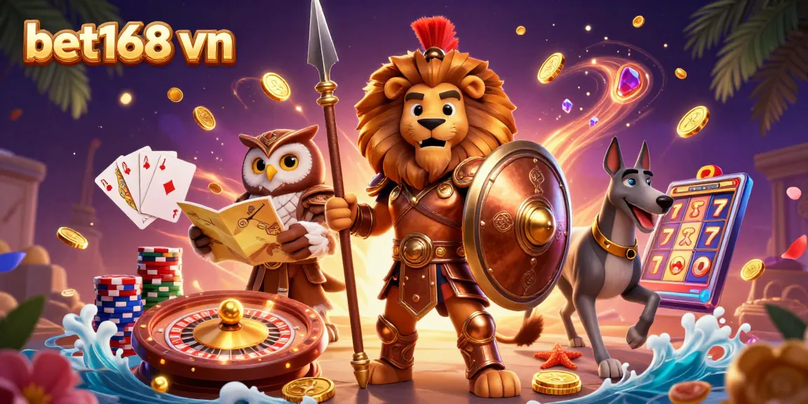 Engage in exciting gaming with bet168 vn showcasing a Spartan lion, owl strategist, and greyhound amid vibrant casino elements.