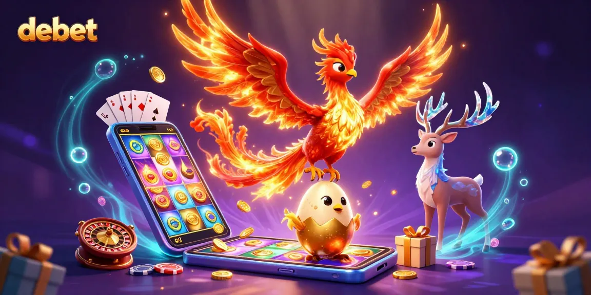 Experience debet casino magic with colorful slot games, phoenix, and mystical stag.